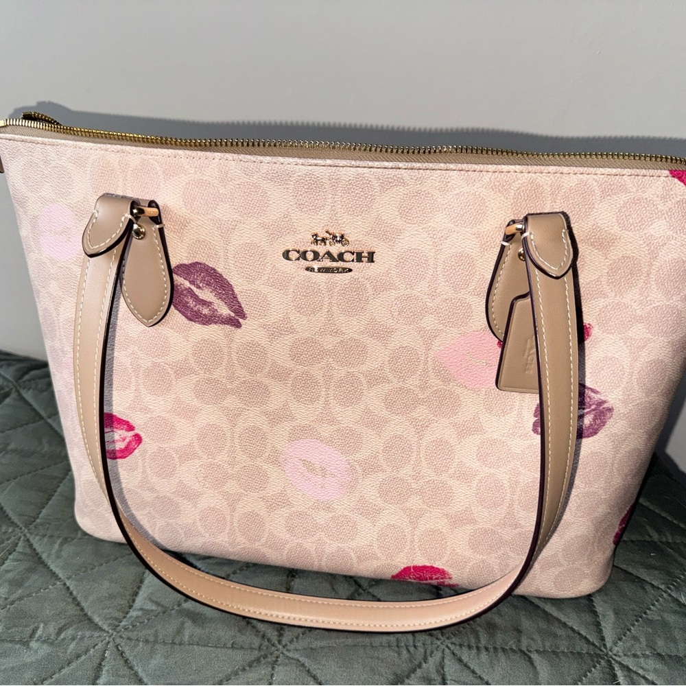 Coach Beige Tote with Pink and Purple Accents